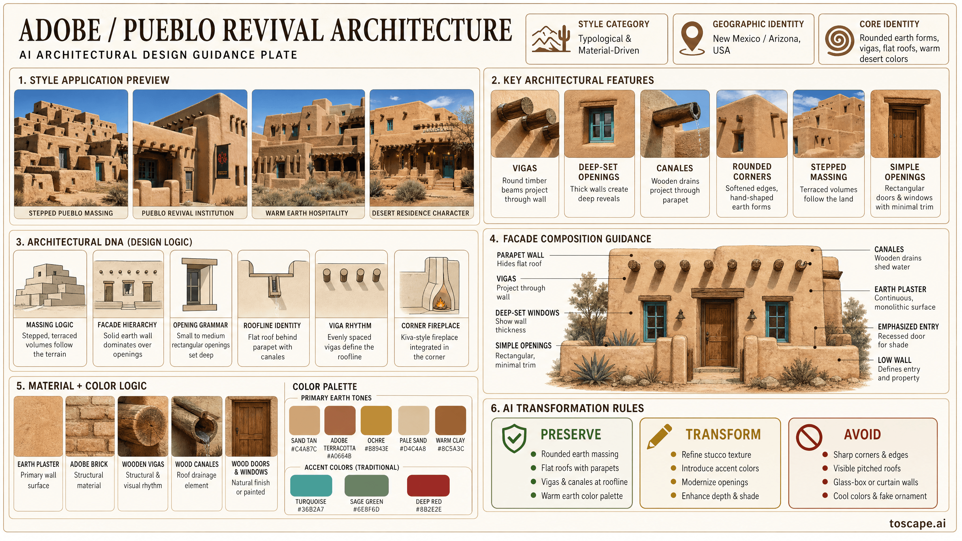 ADOBE / PUEBLO REVIVAL ARCHITECTURE hero plate - New Mexico / Arizona, USA (Pueblo Revival 1910s-1930s; continued adaptation to present);...