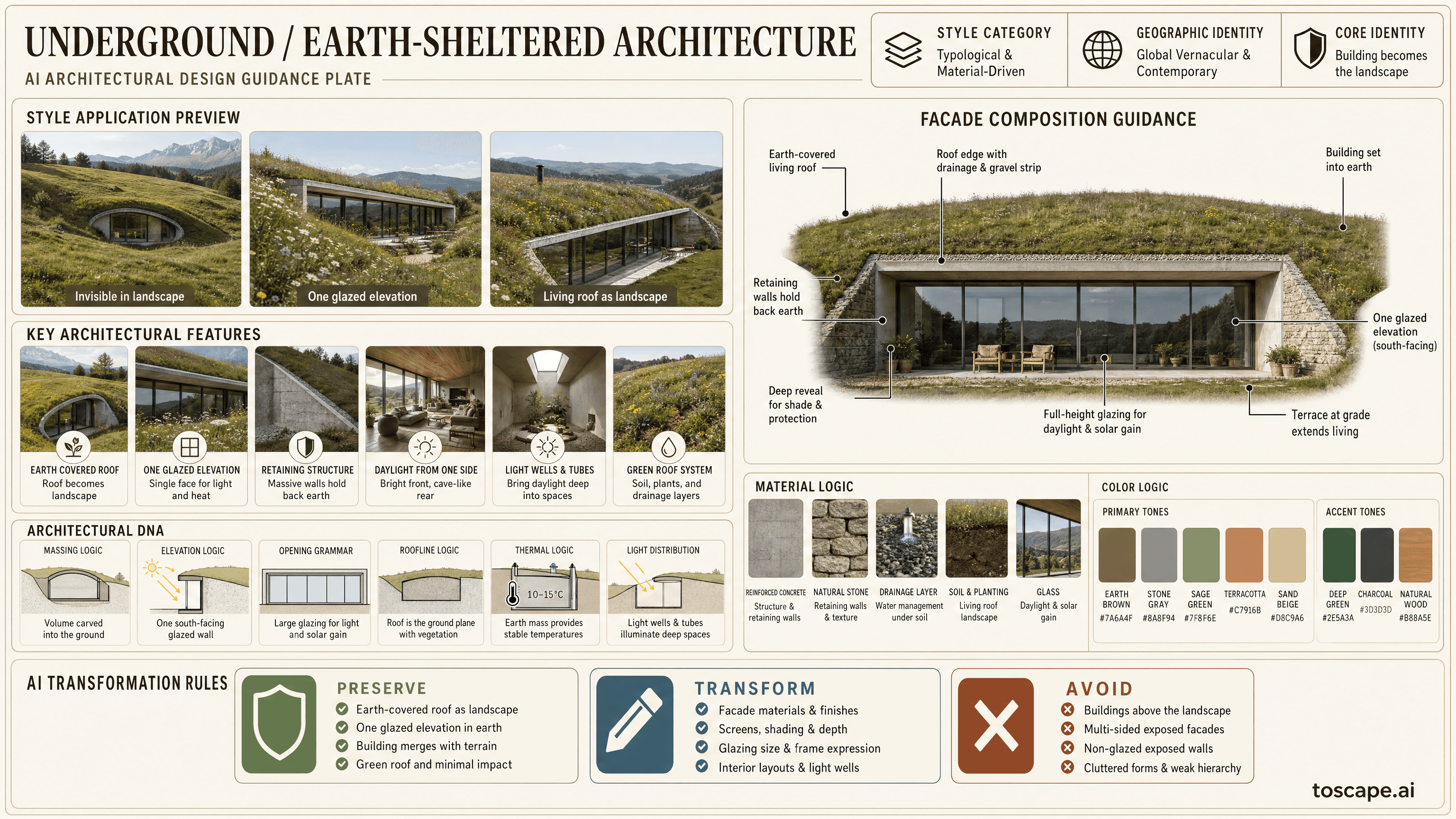 UNDERGROUND / EARTH-SHELTERED ARCHITECTURE hero plate - Global (vernacular: China, Tunisia, Iceland; contemporary: USA, Australia, 1970s-present)...
