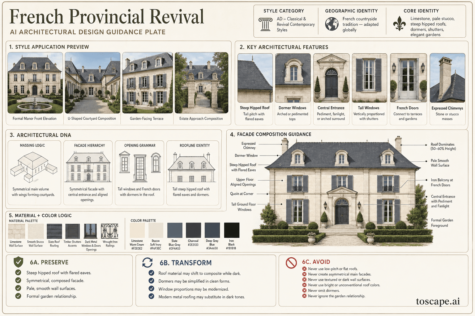 French Provincial Revival hero plate - French countryside tradition - adapted globally in suburban and estate settings where...