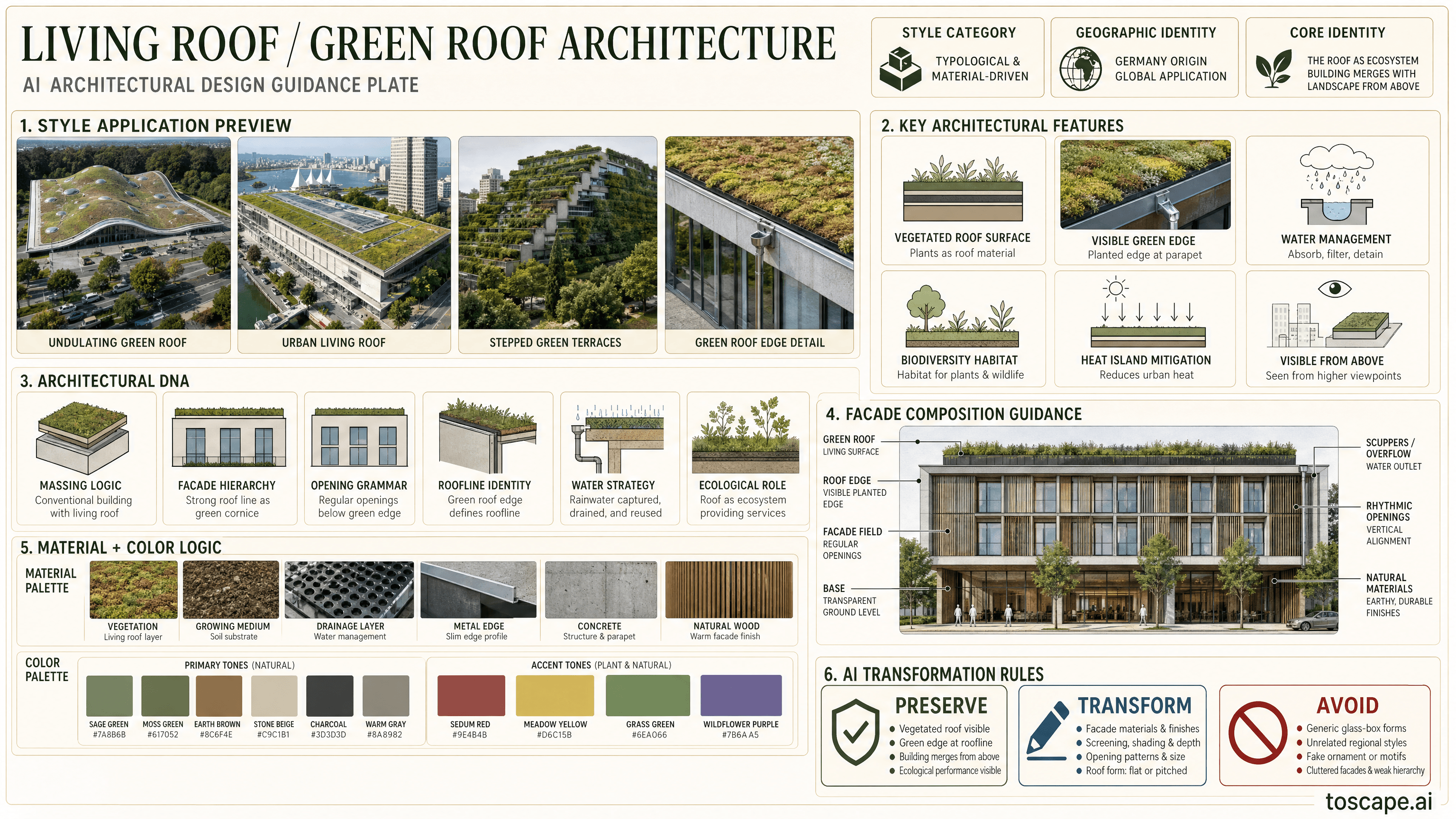 LIVING ROOF / GREEN ROOF ARCHITECTURE hero plate - Germany (1970s-present, extensive green roof systems), global; Core identity: The roof...