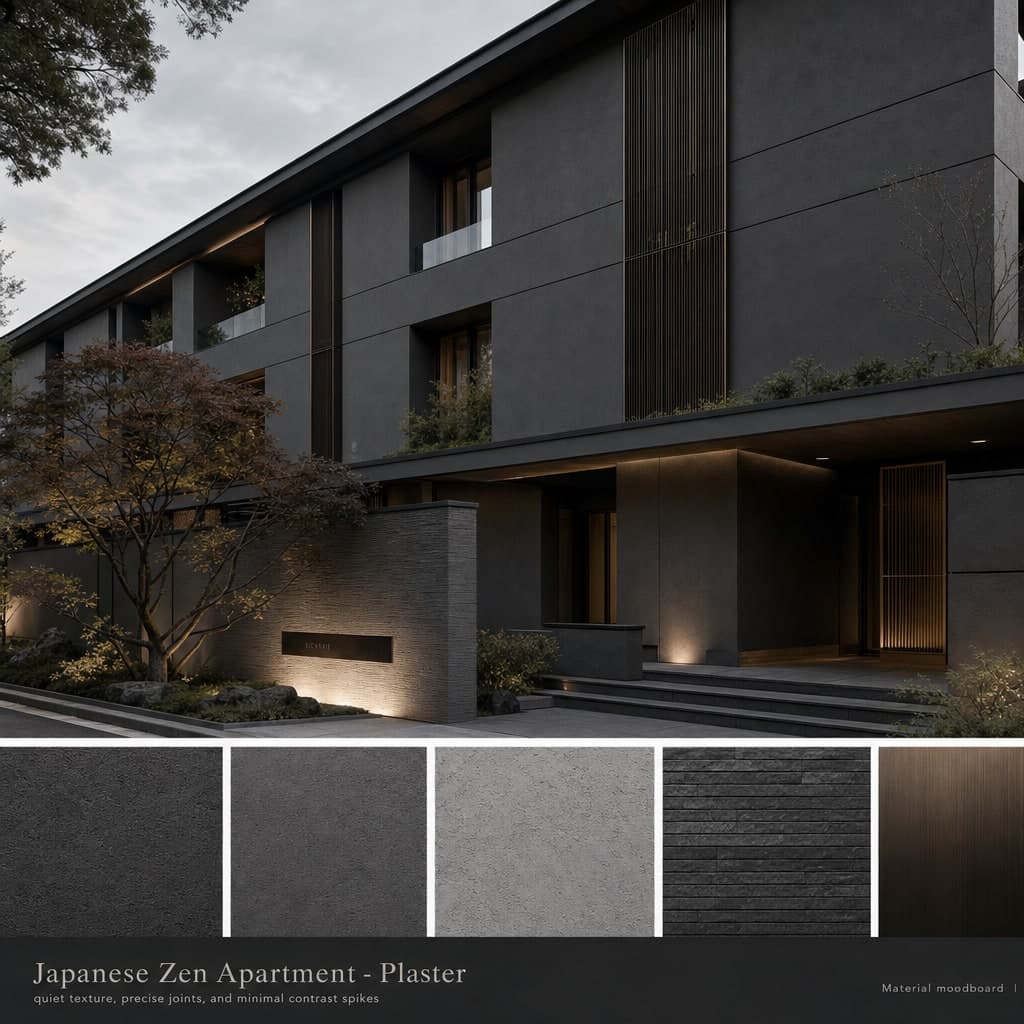 Japanese Zen Apartment — Plaster exterior moodboard card