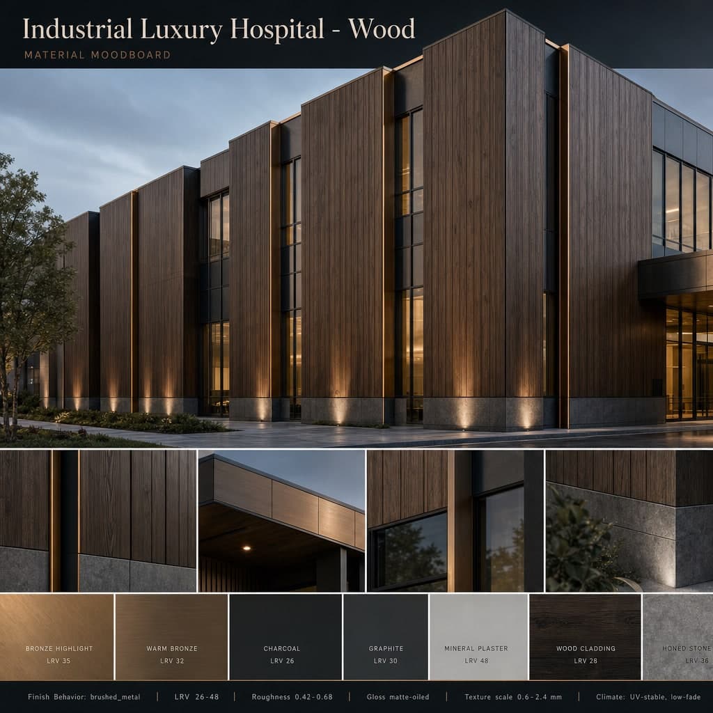 Industrial Luxury Hospital — Wood exterior moodboard card