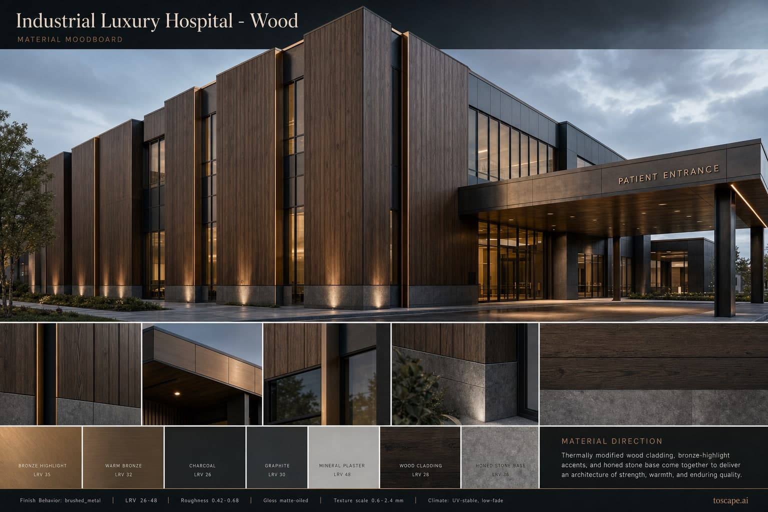 Industrial Luxury Hospital — Wood exterior moodboard plate