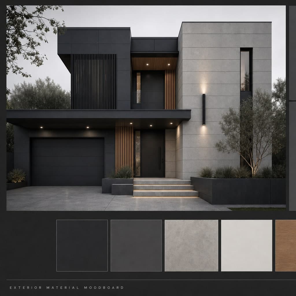 Graphite Minimal Urban Villa exterior moodboard card