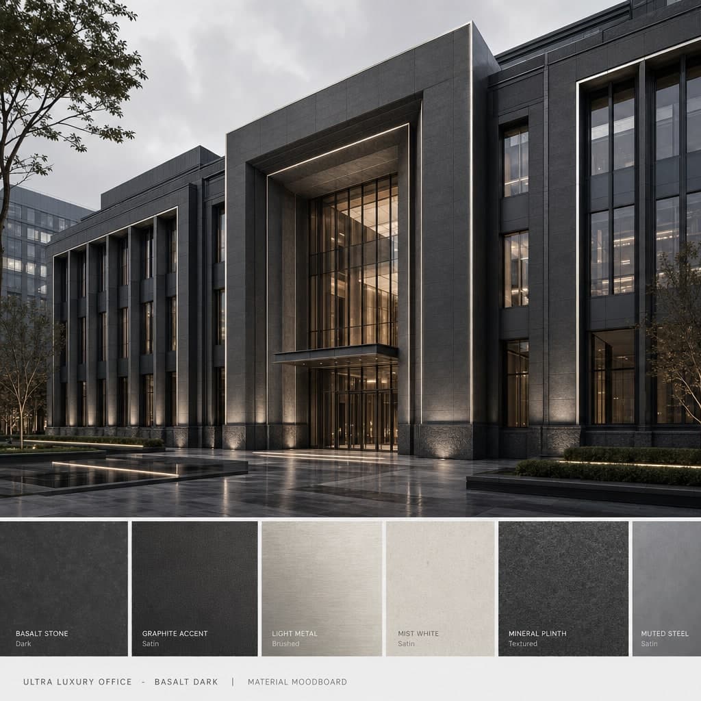 Ultra Luxury Office — Basalt Dark exterior moodboard card