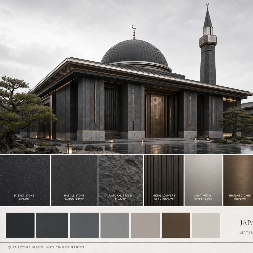 Japanese Zen Mosque — Basalt Dark exterior moodboard card
