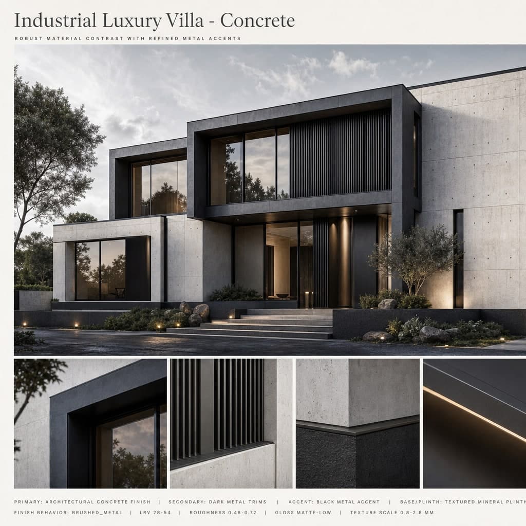 Industrial Luxury Villa — Concrete exterior moodboard card