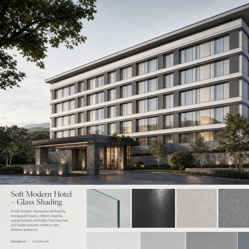Soft Modern Hotel — Glass Shading exterior moodboard card