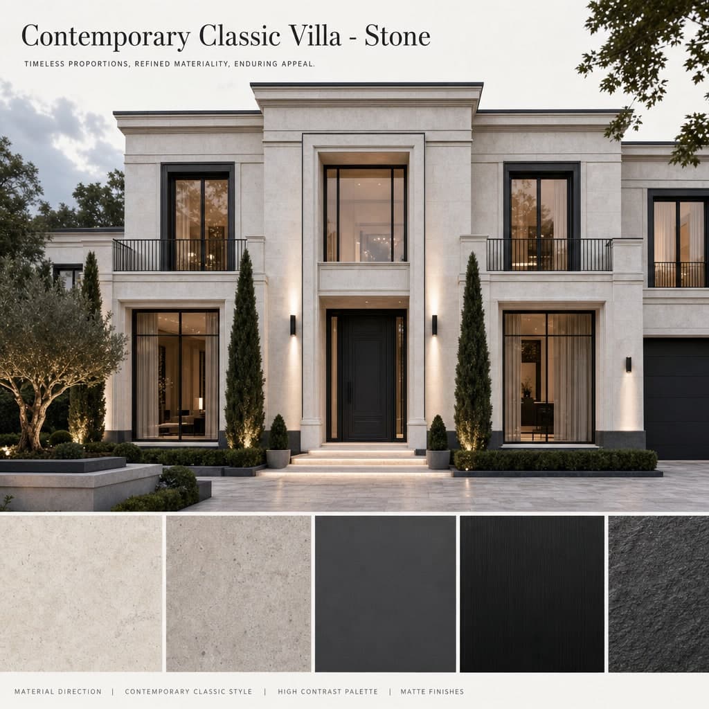 Contemporary Classic Villa — Stone exterior moodboard card