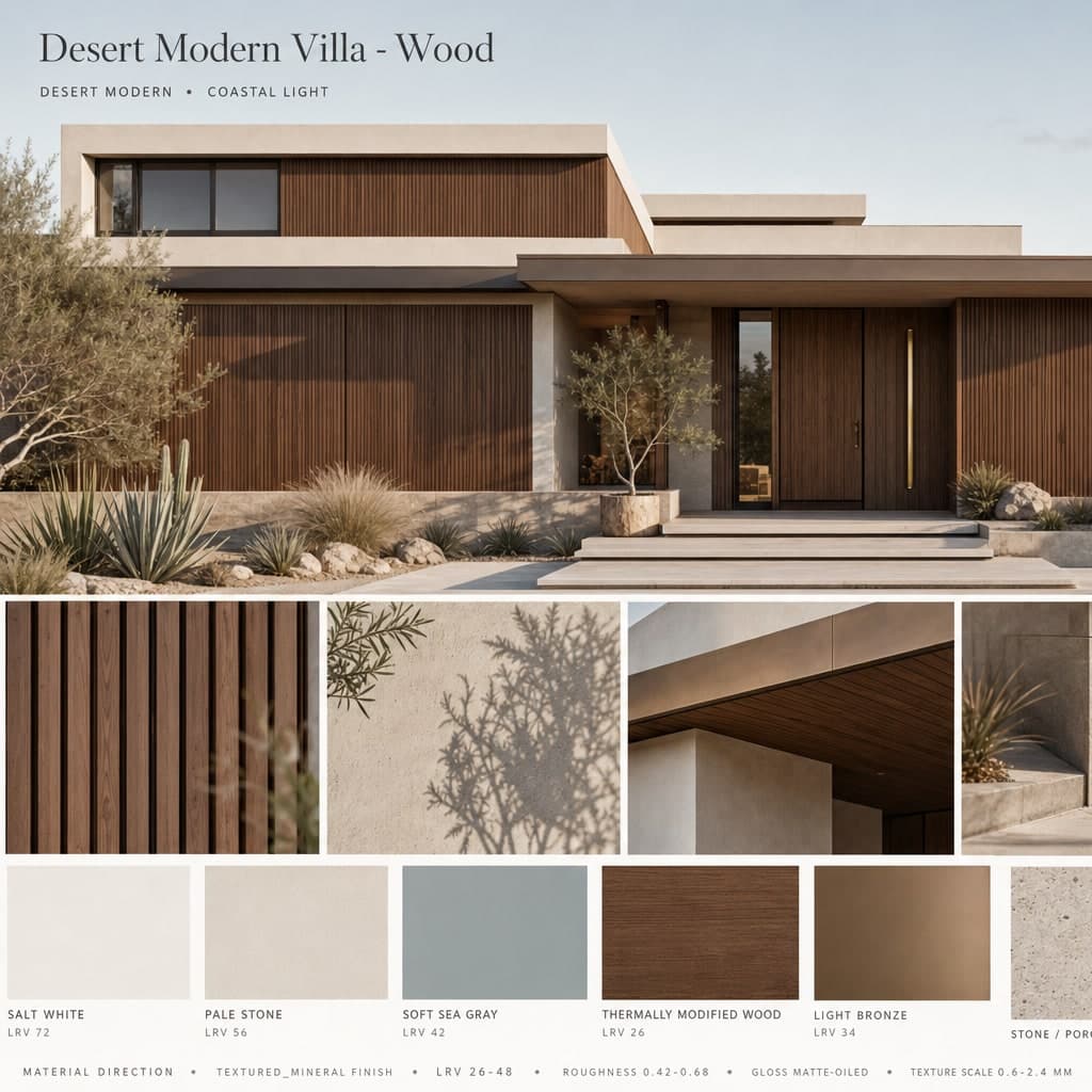 Desert Modern Villa — Wood exterior moodboard card