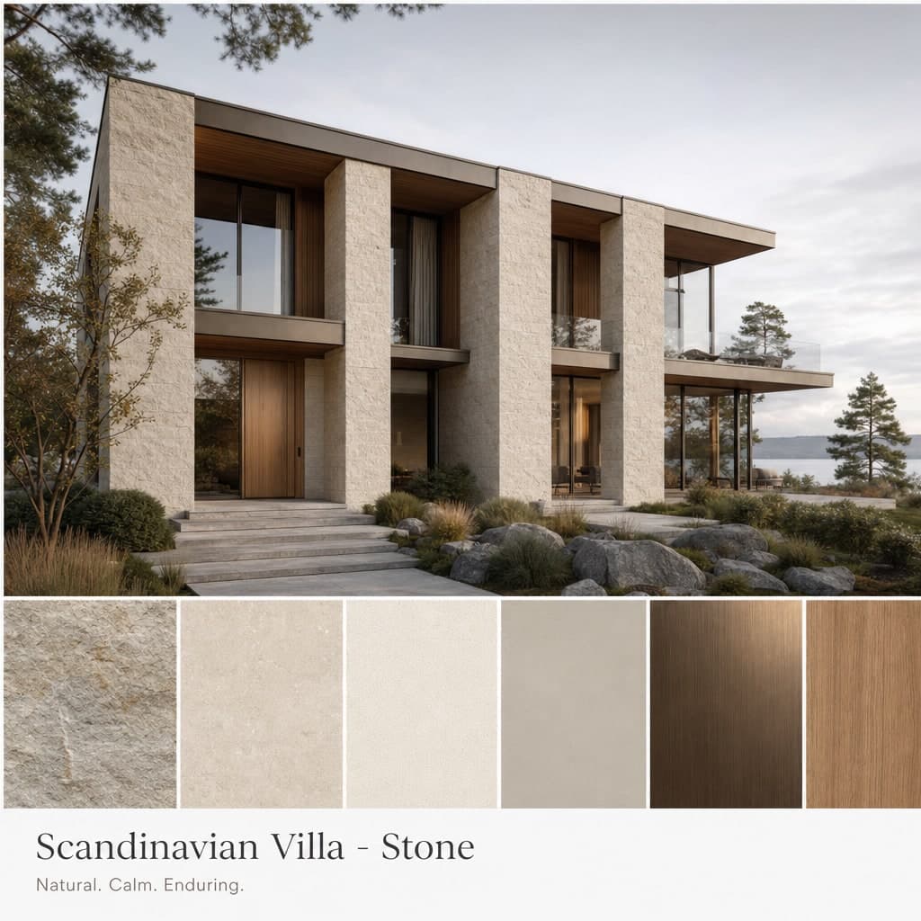 Scandinavian Villa — Stone exterior moodboard card
