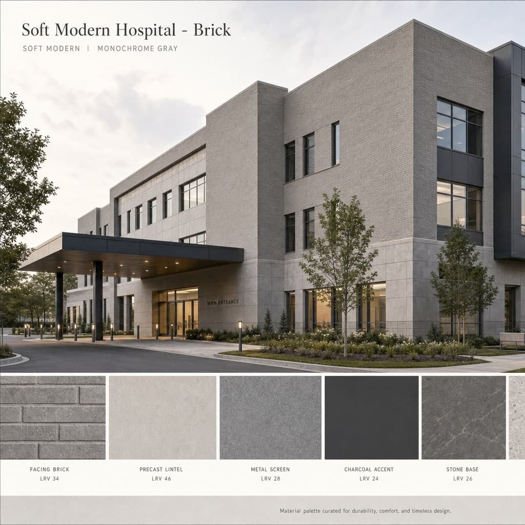 Soft Modern Hospital — Brick exterior moodboard card