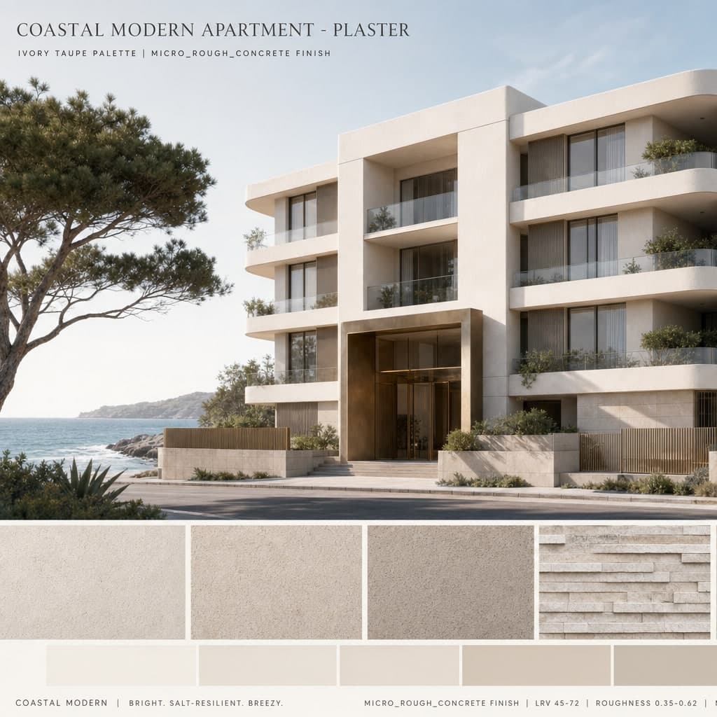 Coastal Modern Apartment — Plaster exterior moodboard card
