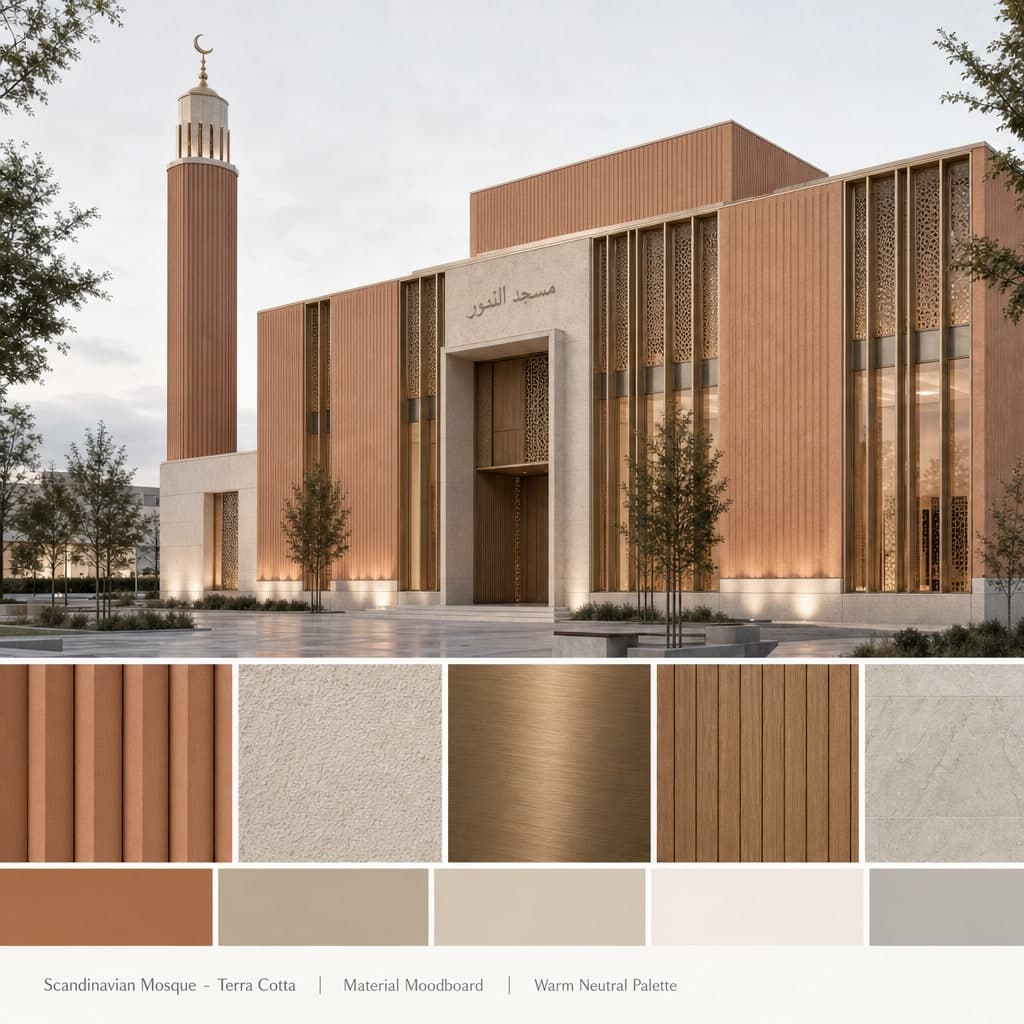 Scandinavian Mosque — Terra Cotta exterior moodboard card