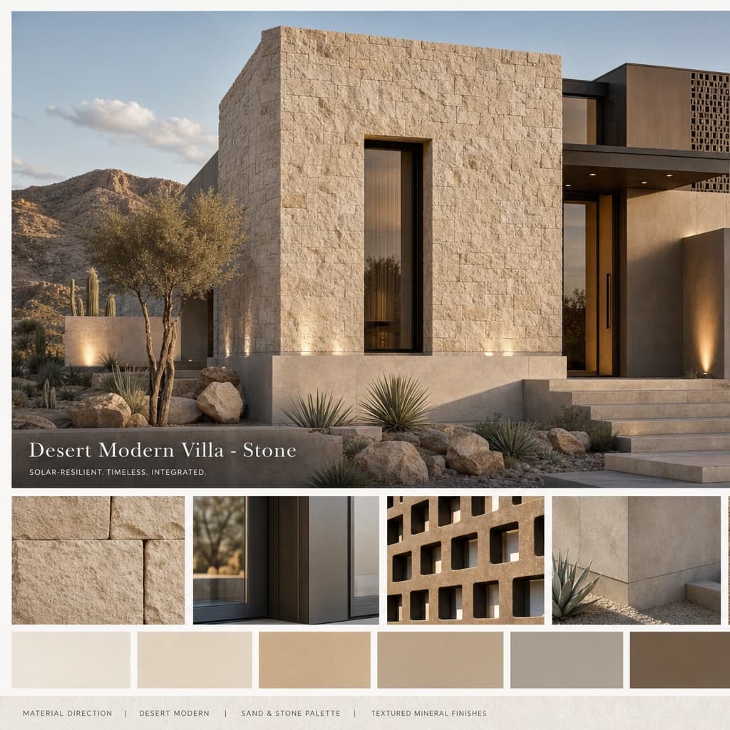 Desert Modern Villa — Stone exterior moodboard card