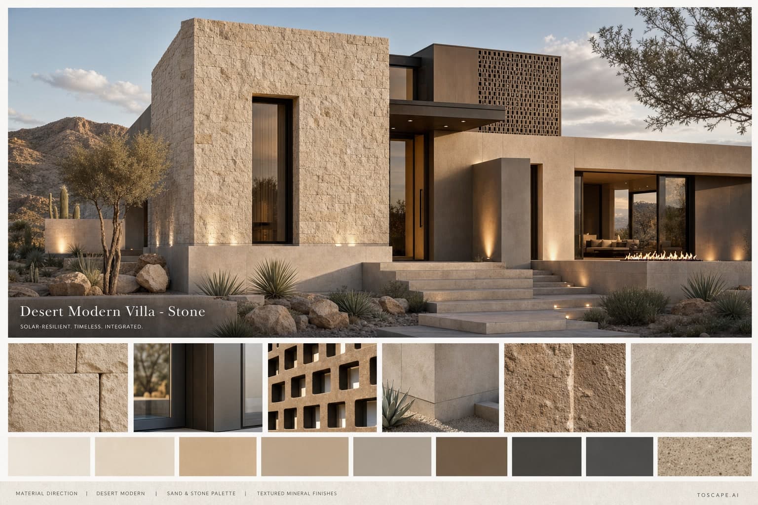 Desert Modern Villa — Stone exterior moodboard plate