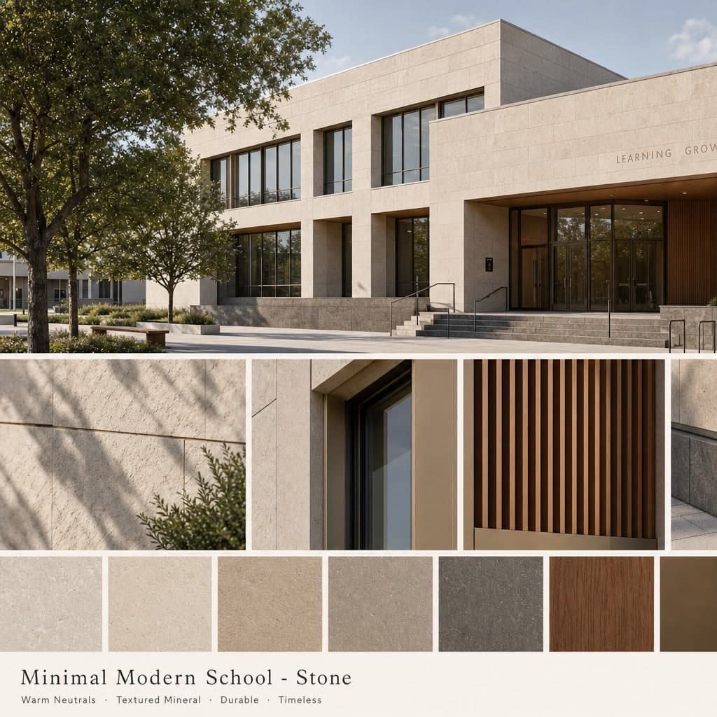 Minimal Modern School — Stone exterior moodboard card