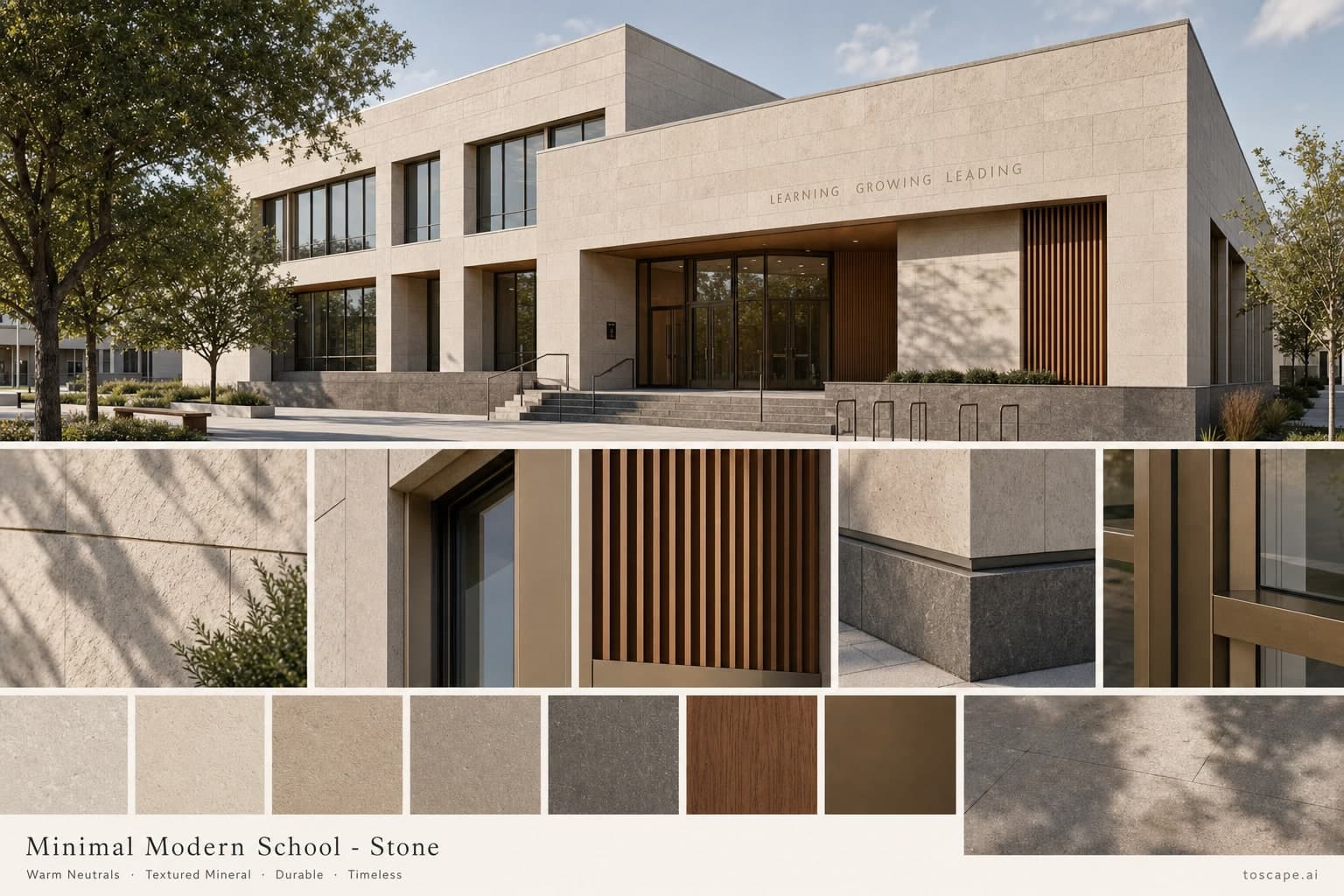 Minimal Modern School — Stone exterior moodboard plate