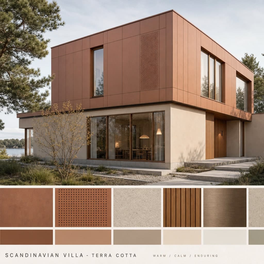 Scandinavian Villa — Terra Cotta exterior moodboard card