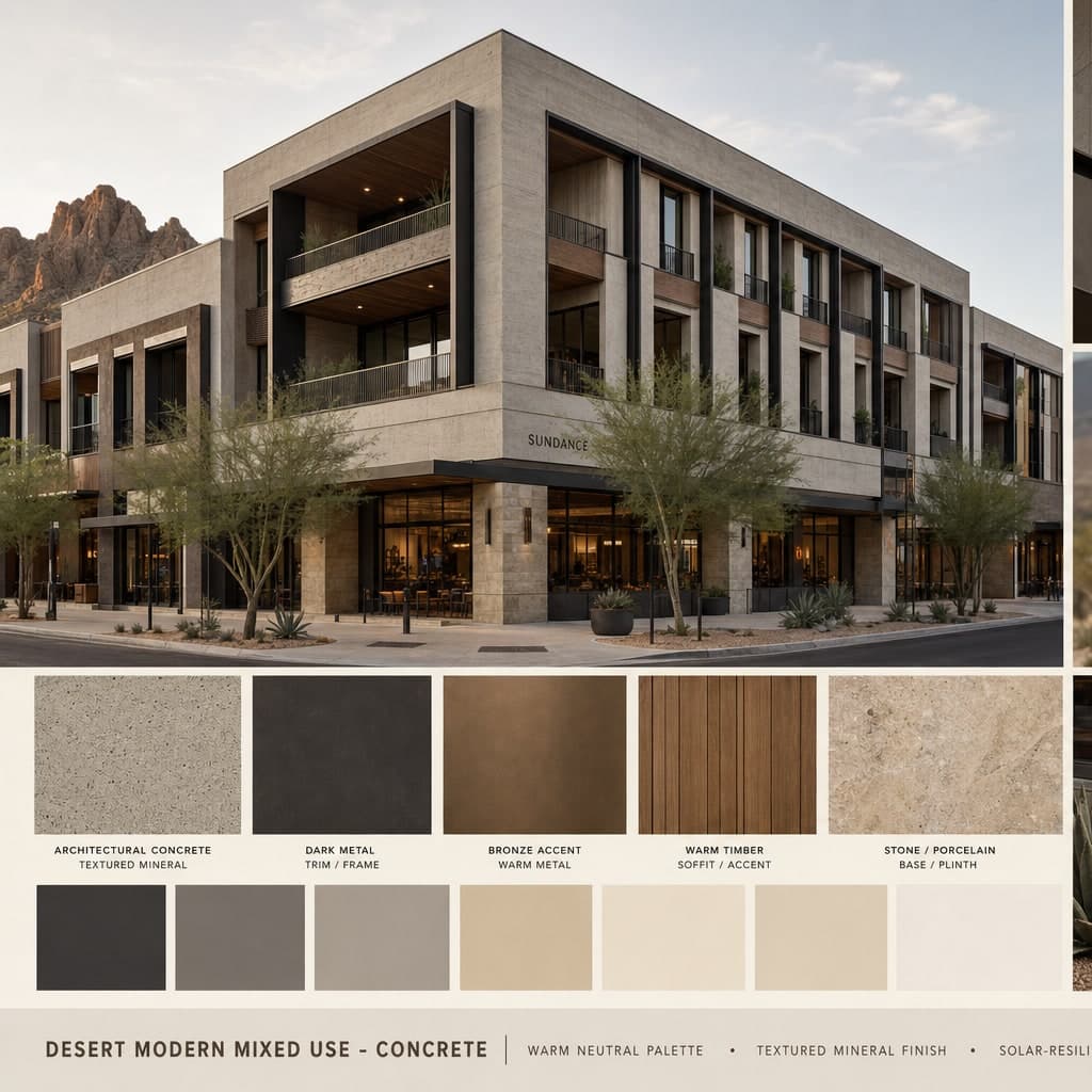 Desert Modern Mixed Use — Concrete exterior moodboard card