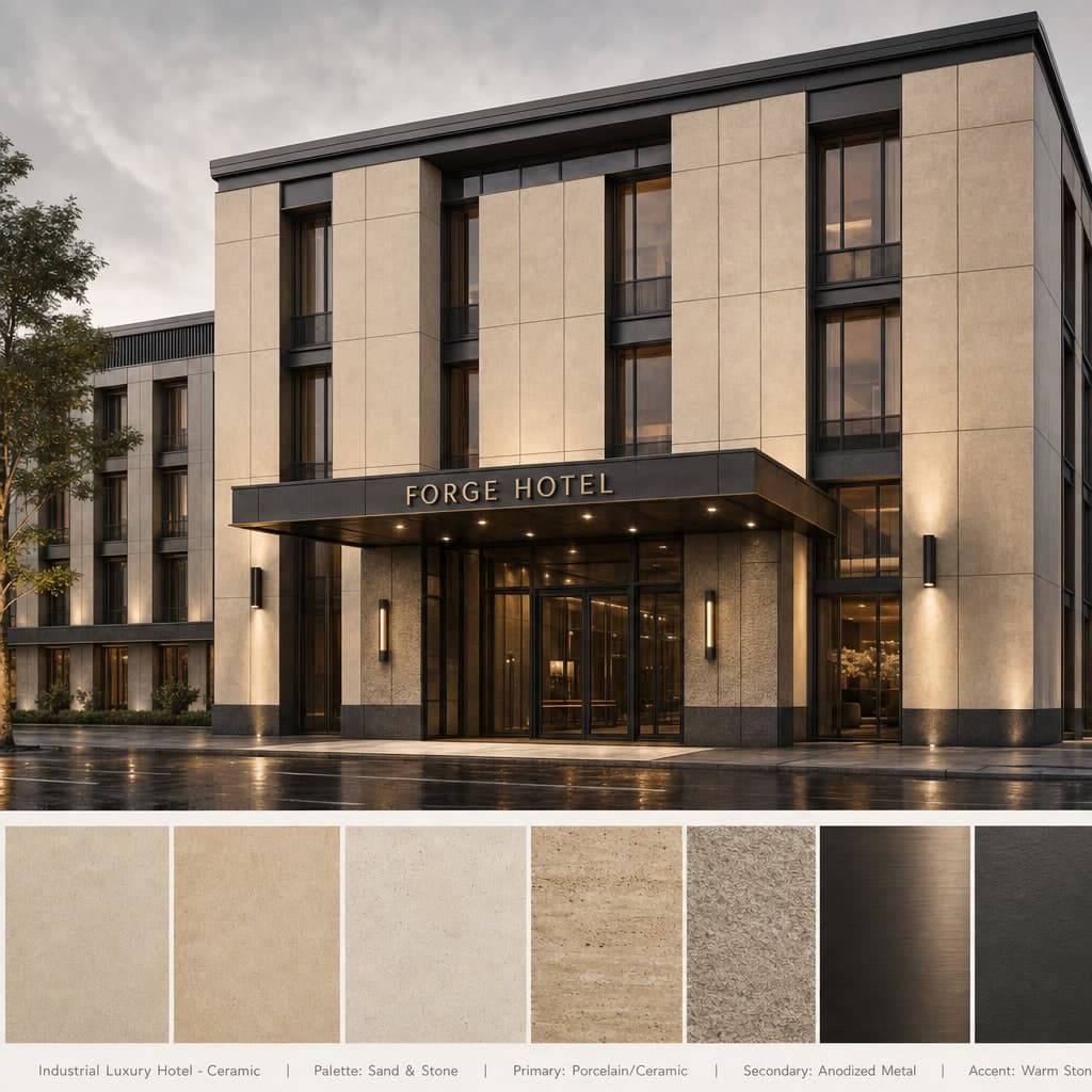 Industrial Luxury Hotel — Ceramic exterior moodboard card