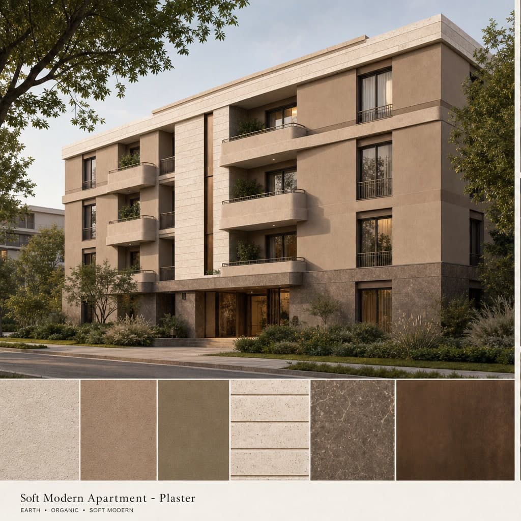 Soft Modern Apartment — Plaster exterior moodboard card