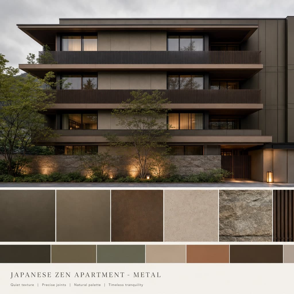 Japanese Zen Apartment — Metal exterior moodboard card