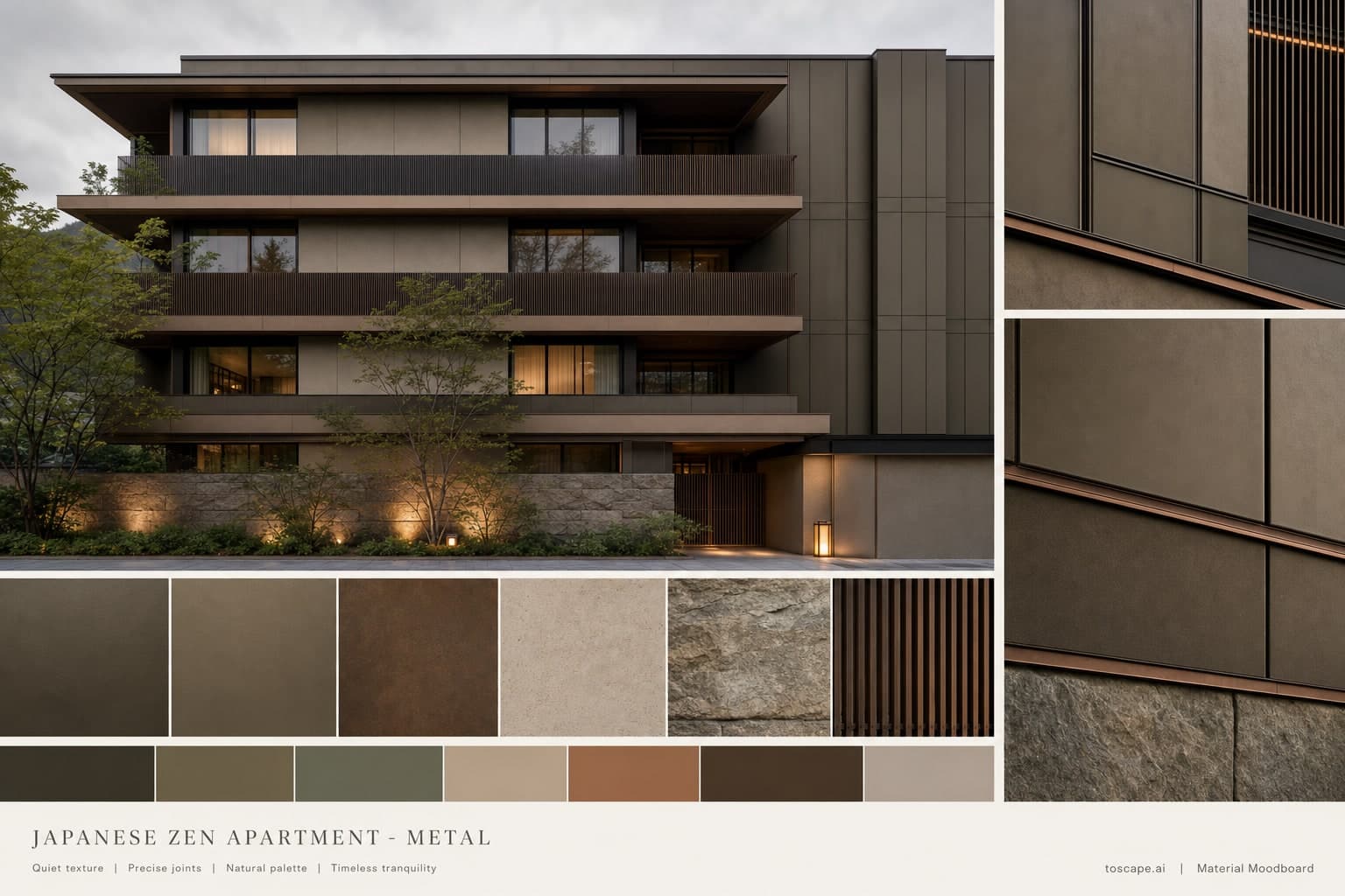 Japanese Zen Apartment — Metal exterior moodboard plate
