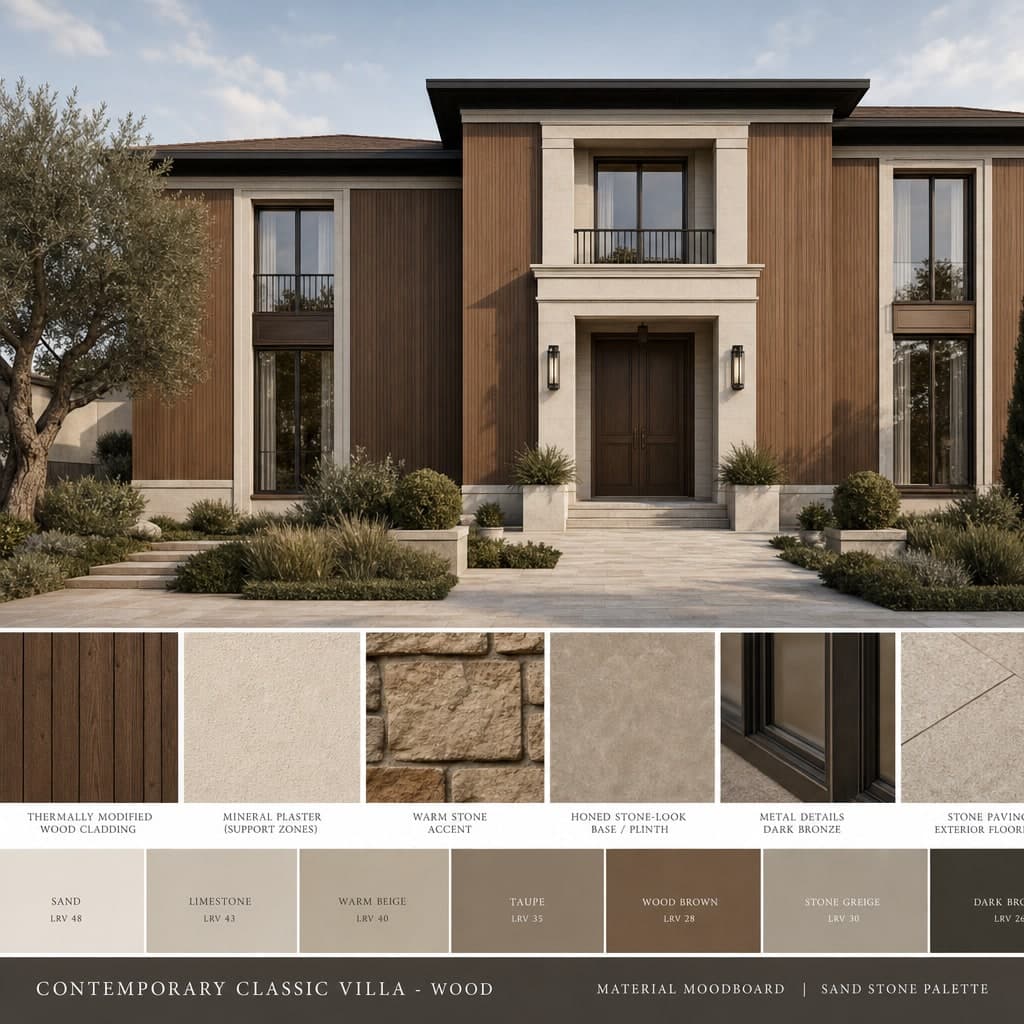 Contemporary Classic Villa — Wood exterior moodboard card