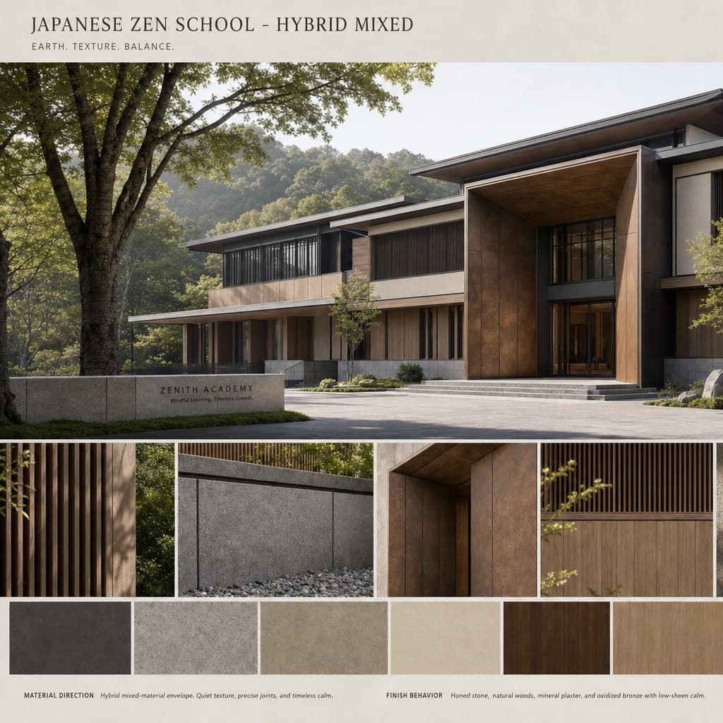 Japanese Zen School — Hybrid Mixed exterior moodboard card