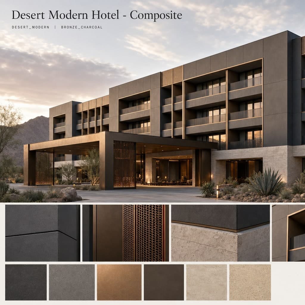 Desert Modern Hotel — Composite exterior moodboard card