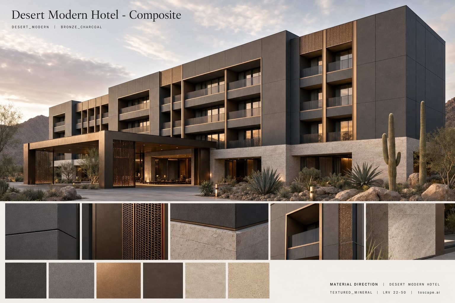 Desert Modern Hotel — Composite exterior moodboard plate
