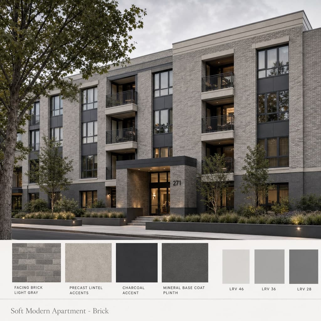 Soft Modern Apartment — Brick exterior moodboard card