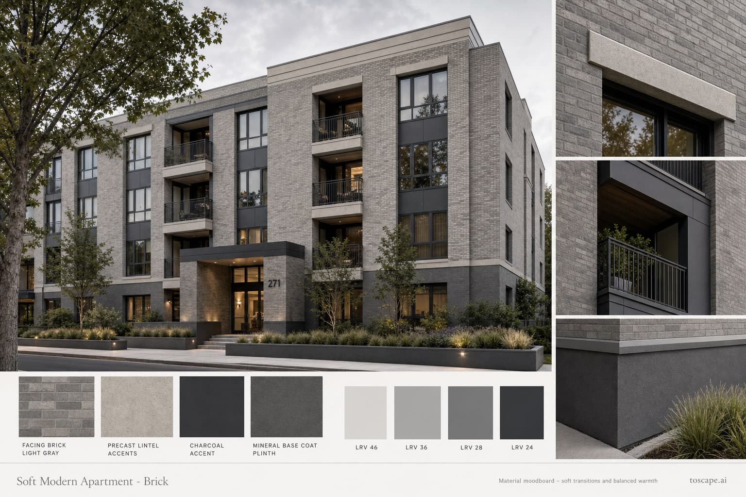 Soft Modern Apartment — Brick exterior moodboard plate