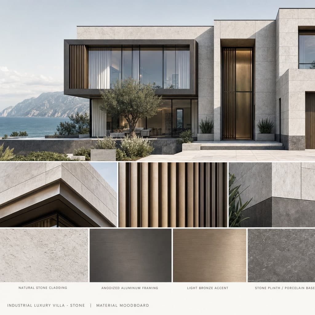 Industrial Luxury Villa — Stone exterior moodboard card