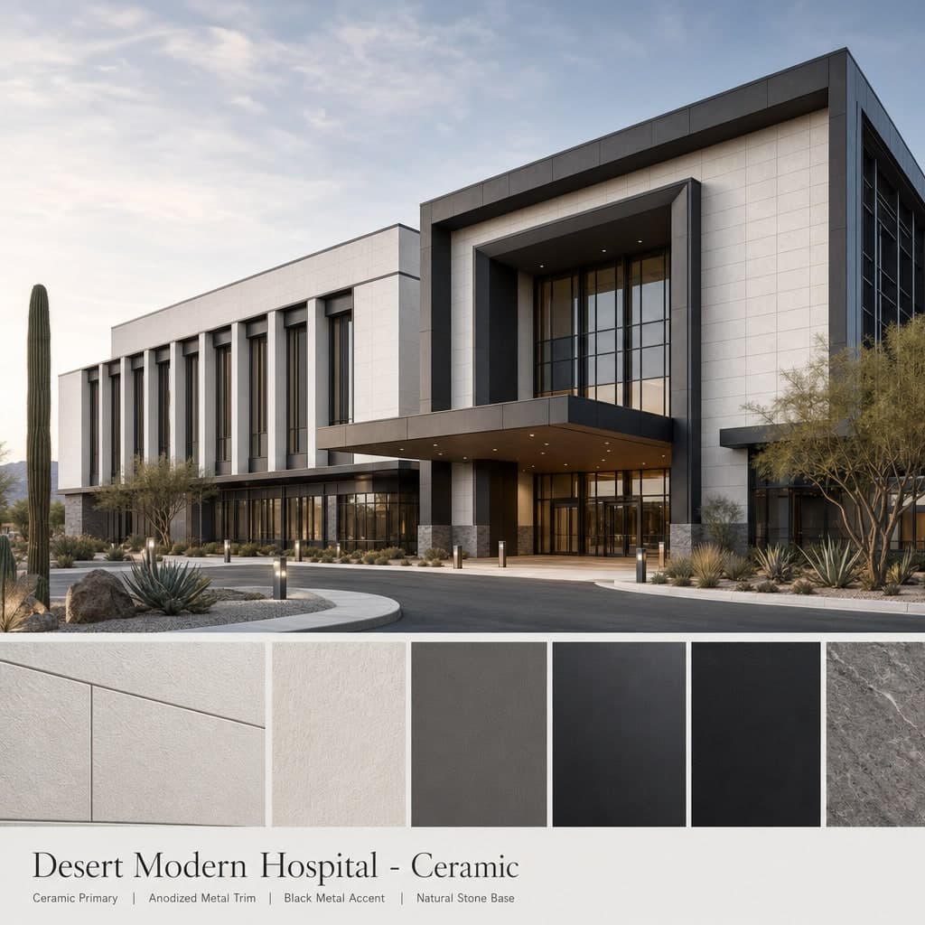 Desert Modern Hospital — Ceramic exterior moodboard card