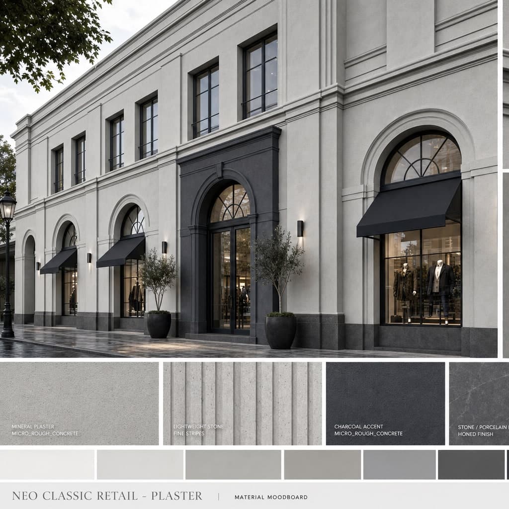 Neo Classic Retail — Plaster exterior moodboard card
