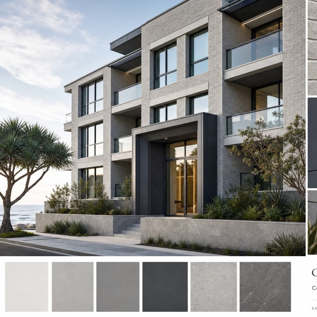 Coastal Modern Apartment — Brick exterior moodboard card