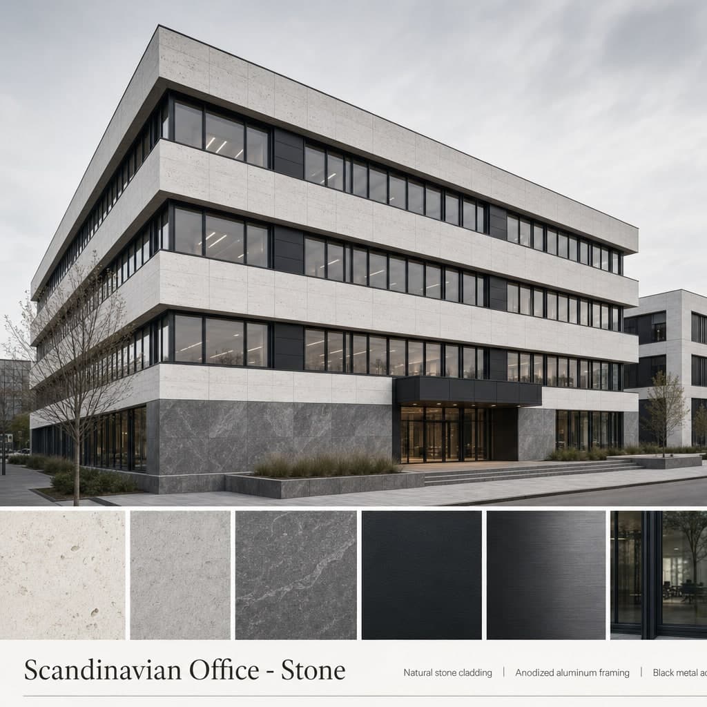 Scandinavian Office — Stone exterior moodboard card