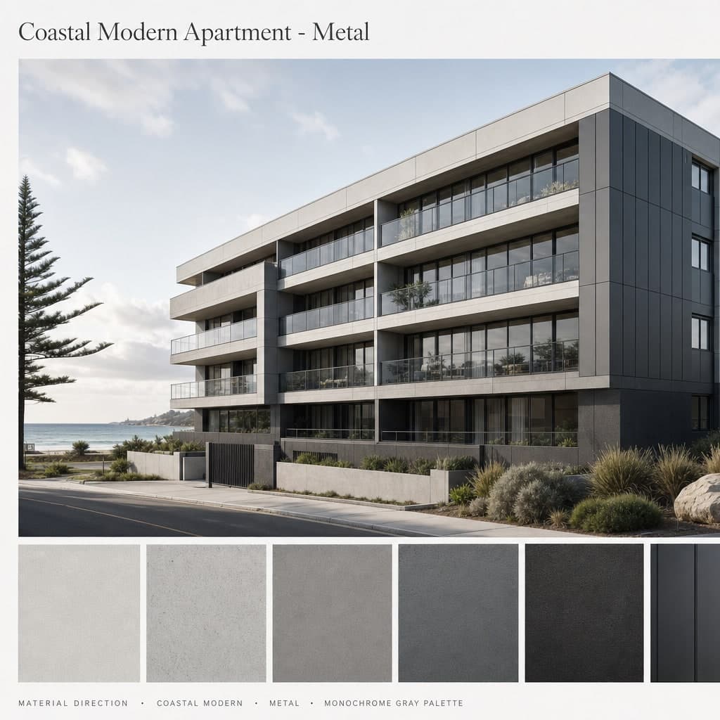 Coastal Modern Apartment — Metal exterior moodboard card