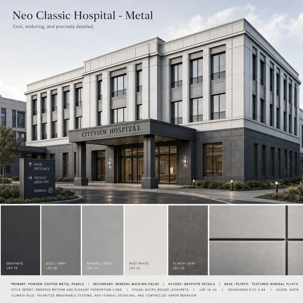 Neo Classic Hospital — Metal exterior moodboard card