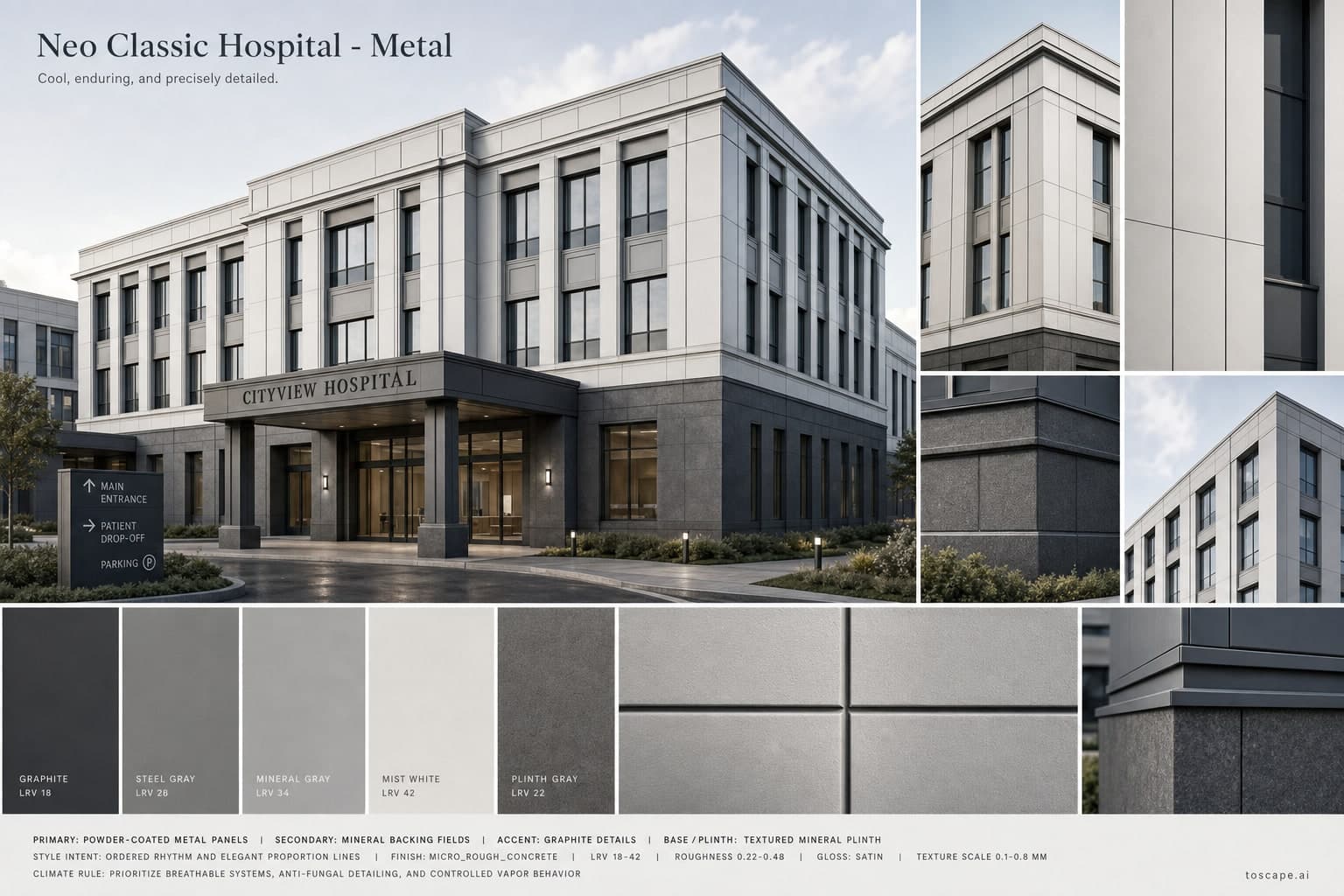 Neo Classic Hospital — Metal exterior moodboard plate