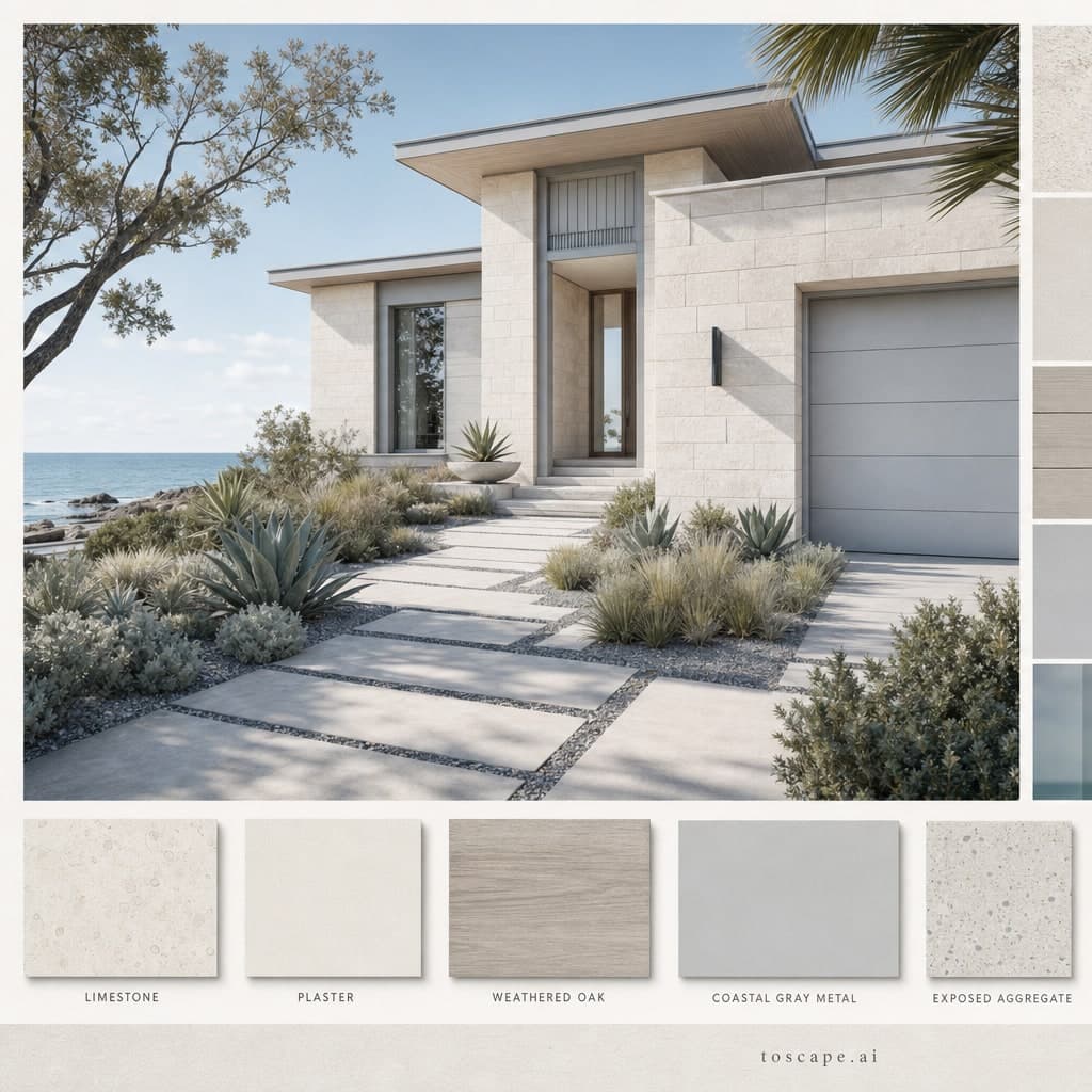 Coastal Light Stone Residence exterior moodboard card