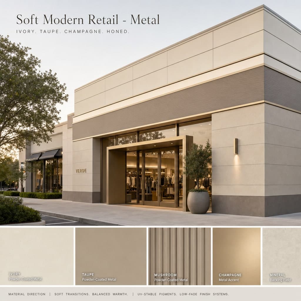 Soft Modern Retail — Metal exterior moodboard card