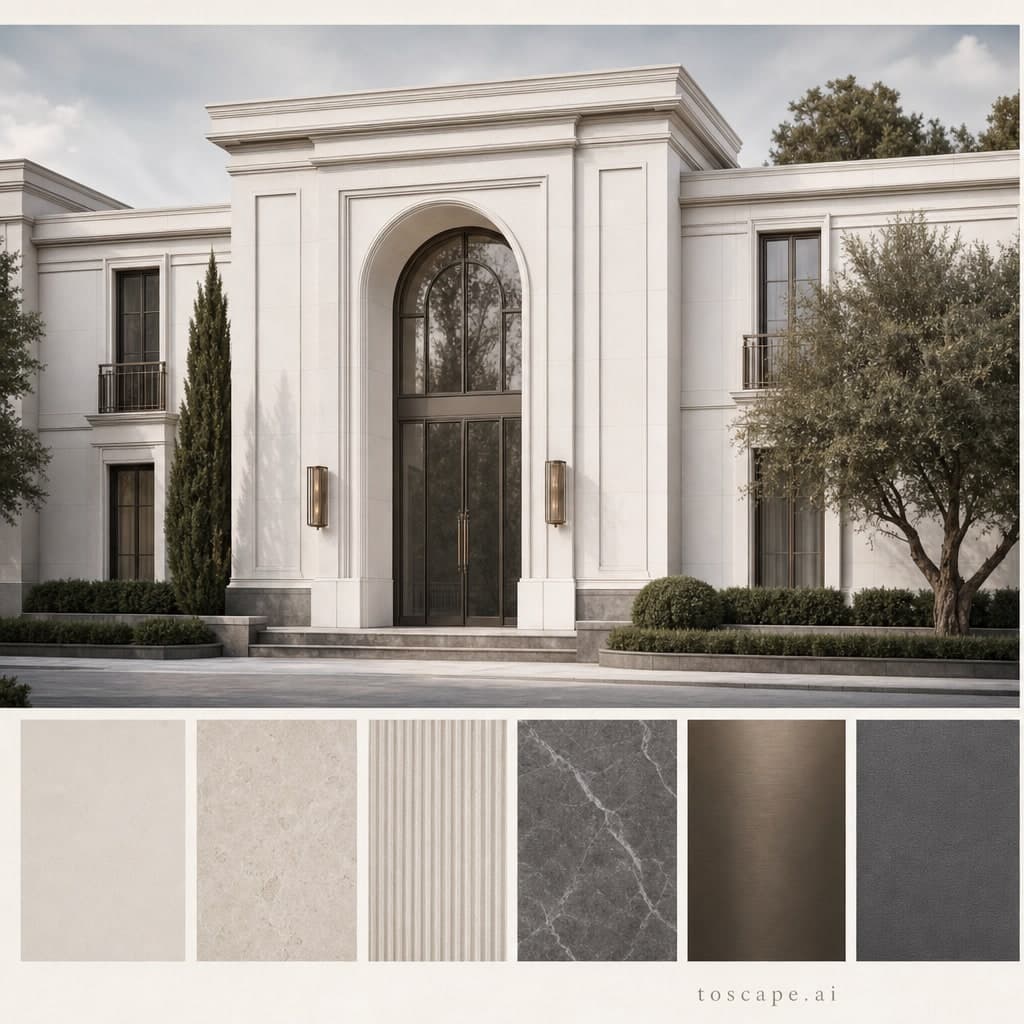 Refined Neo Classic White Villa exterior moodboard card