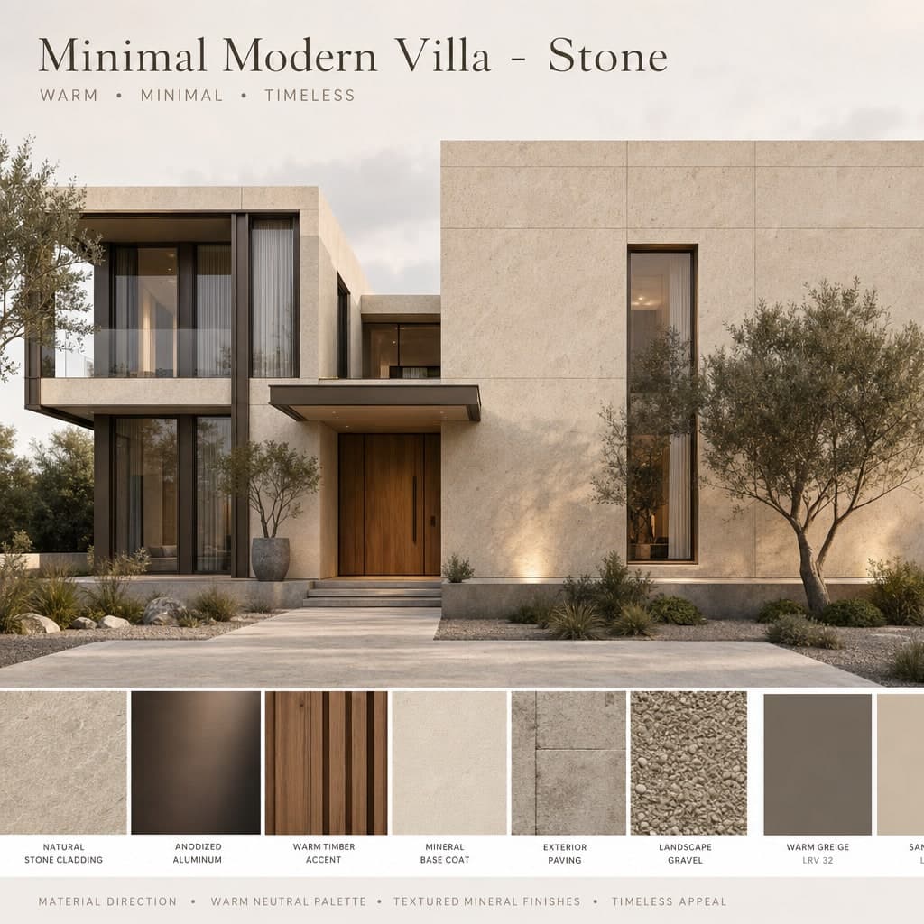 Minimal Modern Villa — Stone exterior moodboard card