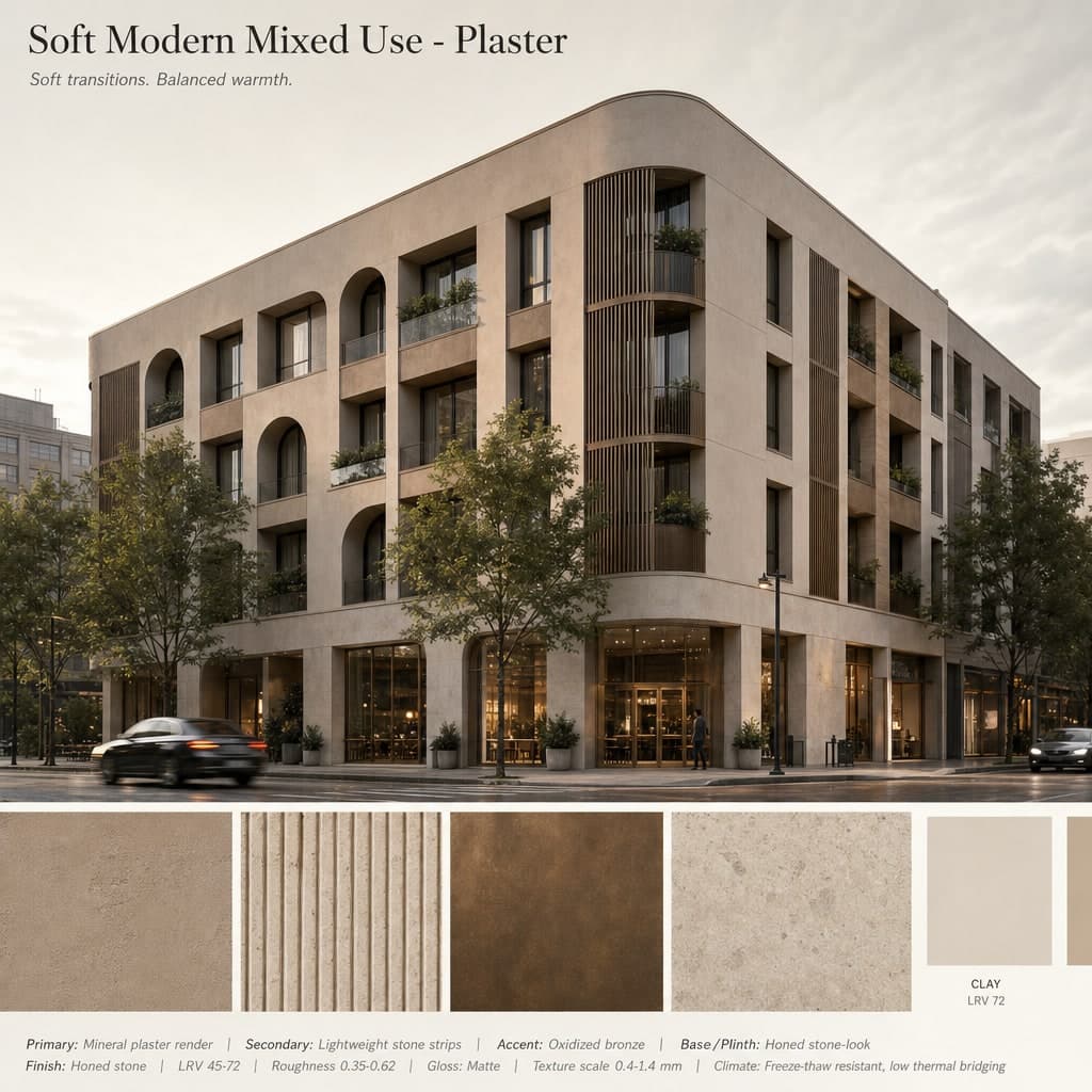 Soft Modern Mixed Use — Plaster exterior moodboard card