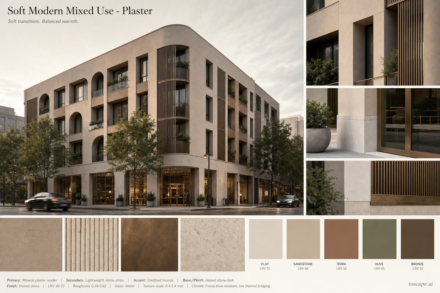 Soft Modern Mixed Use — Plaster exterior moodboard plate