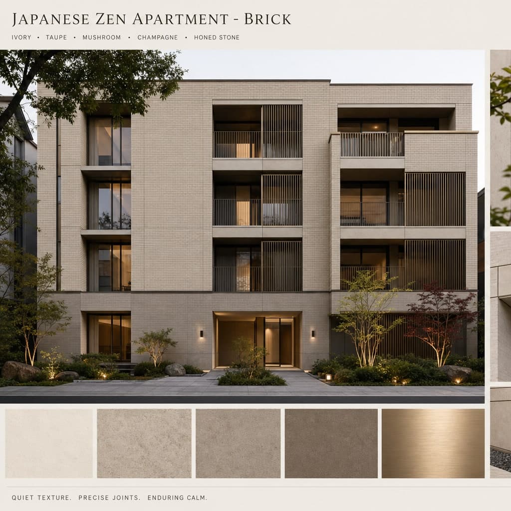 Japanese Zen Apartment — Brick exterior moodboard card