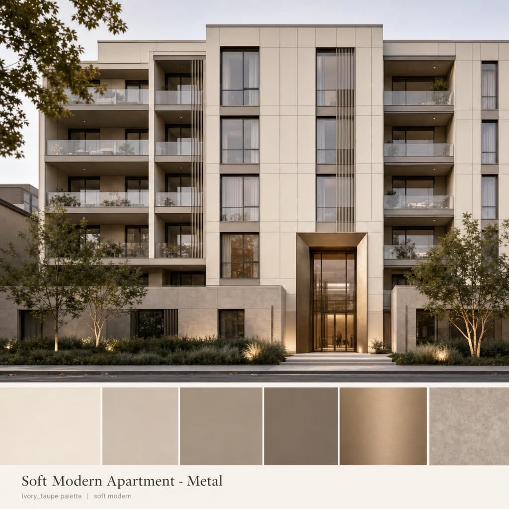 Soft Modern Apartment — Metal exterior moodboard card